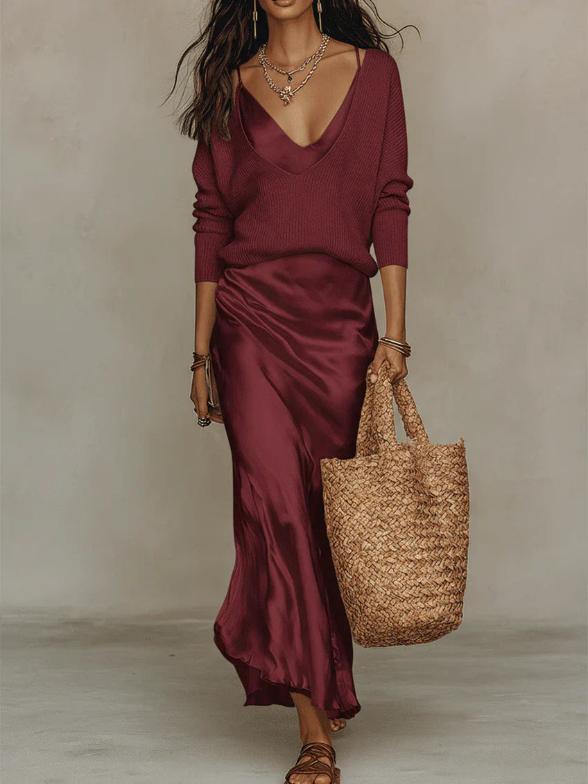Aria | Midi Satin Dress with Included Sweater