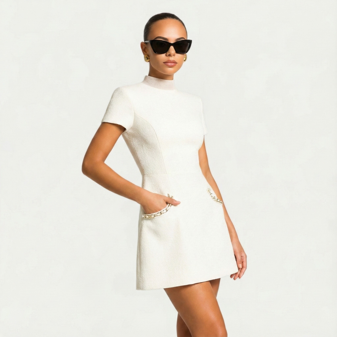 Isla | Mini Dress with Pearl Trim and Pocket Detailing