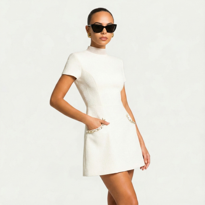 Isla | Mini Dress with Pearl Trim and Pocket Detailing