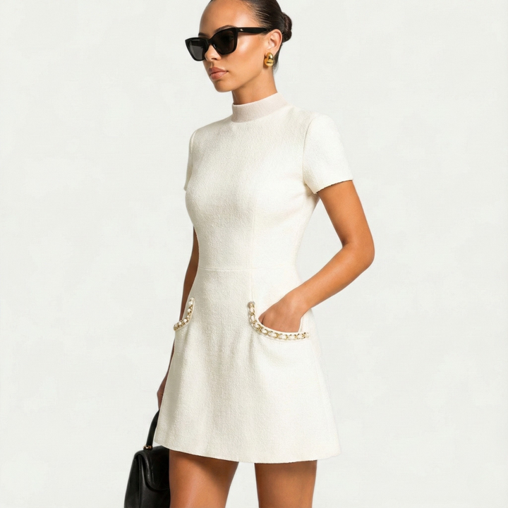 Isla | Mini Dress with Pearl Trim and Pocket Detailing