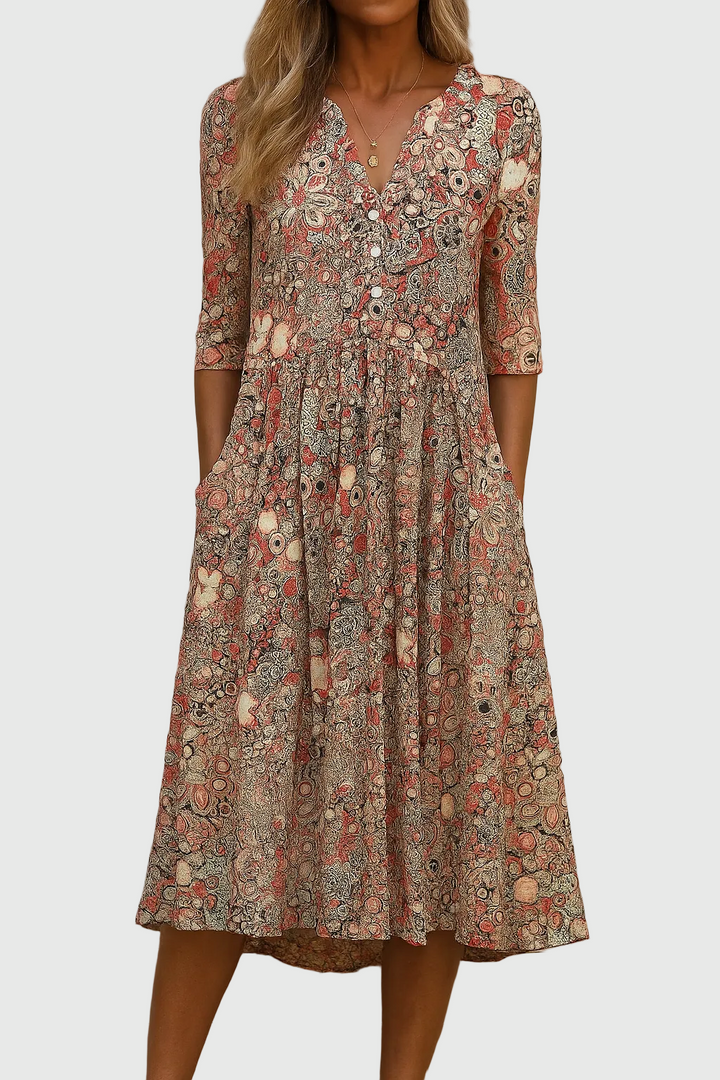Elara | Graceful V-Neck Elegance Midi Dress
