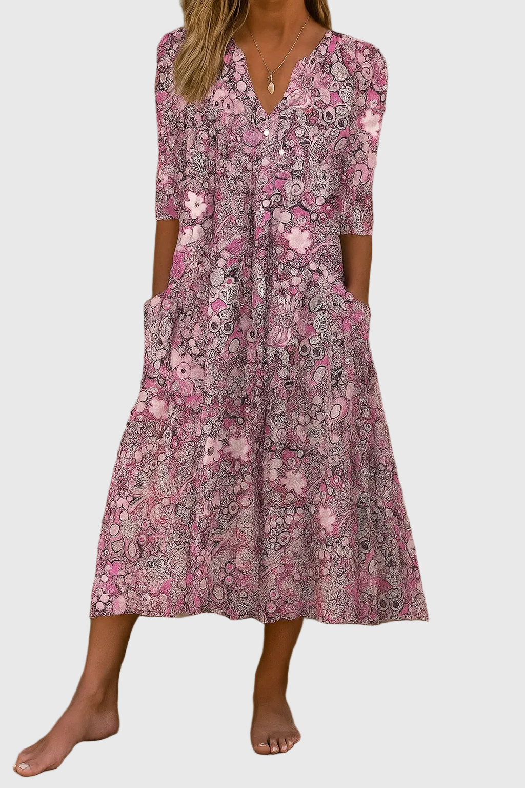 Elara | Graceful V-Neck Elegance Midi Dress