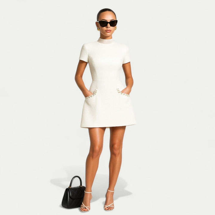 Isla | Mini Dress with Pearl Trim and Pocket Detailing